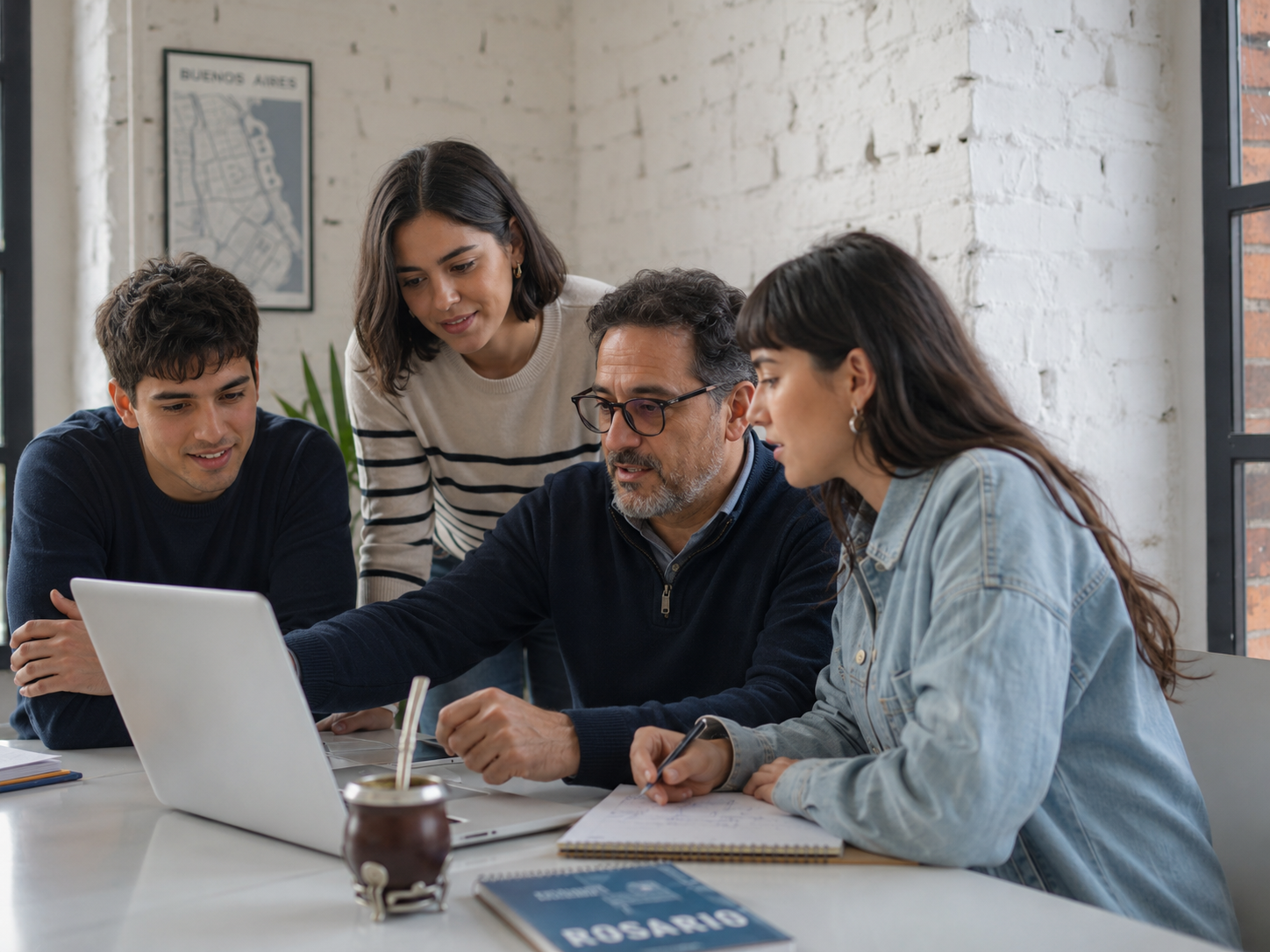 Students collaborating with a local mentor during their internship program